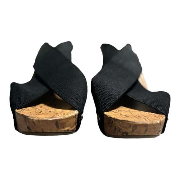 Montego Bay Black Criss Cross Strap Platform Cork Wedge Sandals Size 9.5 Shoes - Picture 3 of 10